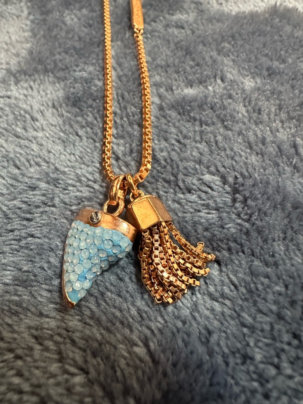 henri bendel Rose Gold Necklace with Light Blue Crystal Pendant Tassel Charm